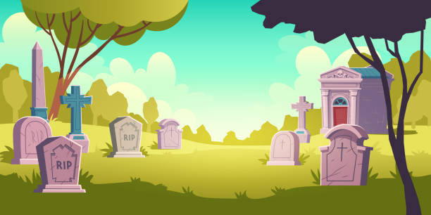 illustrazioni stock, clip art, cartoni animati e icone di tendenza di cimitero giorno paesaggio, lapide con rip - stone coffin