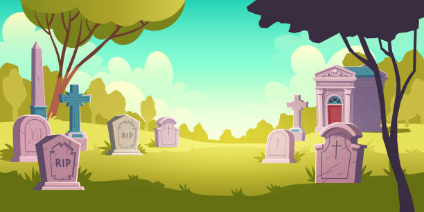 묘지 일 풍경, rip와 묘비 - cemetery tombstone grave green stock illustrations