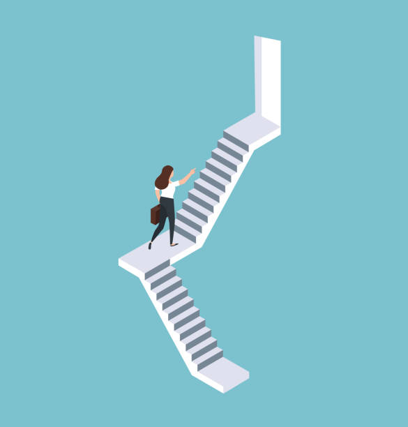 ilustraciones, imágenes clip art, dibujos animados e iconos de stock de mujer de negocios subiendo por el concepto isométrico de la escalera - businesswoman winning competition staircase