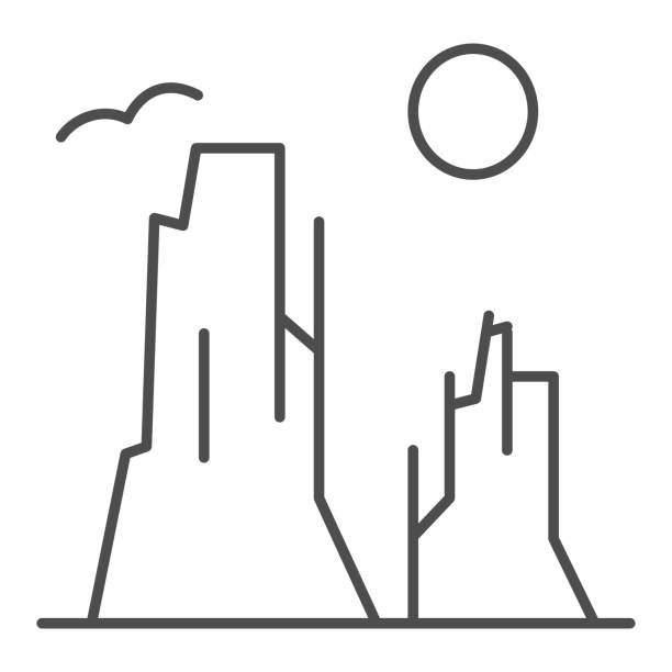 Canyon and sun thin line icon. Rock plateau vector illustration isolated on white. Nature landscape outline style design, designed for web and app. Eps 10. Canyon and sun thin line icon. Rock plateau vector illustration isolated on white. Nature landscape outline style design, designed for web and app. Eps 10 plateau drawing stock illustrations