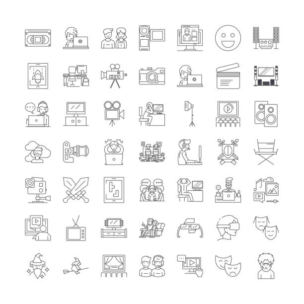 Watching movie linear icons, signs, symbols vector line illustration set Watching movie line icons, signs, symbols vector, linear illustration set dvd logo stock illustrations
