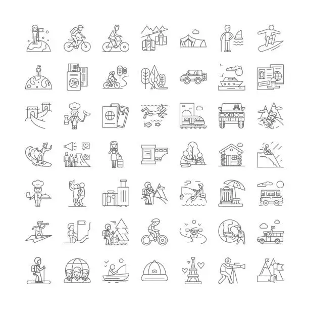 Vector illustration of Traveling family linear icons, signs, symbols vector line illustration set