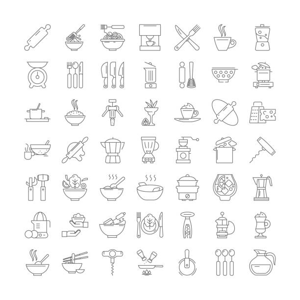 küchenutensilien lineare symbole, zeichen, symbole vektor linie illustration set - pan stock-grafiken, -clipart, -cartoons und -symbole