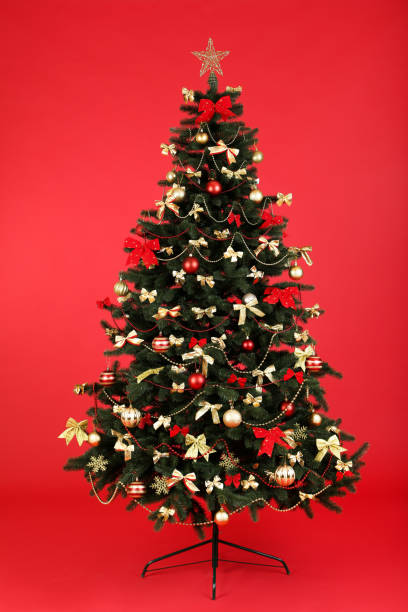 istock Christmas fir tree with ornaments on red background 1192251627