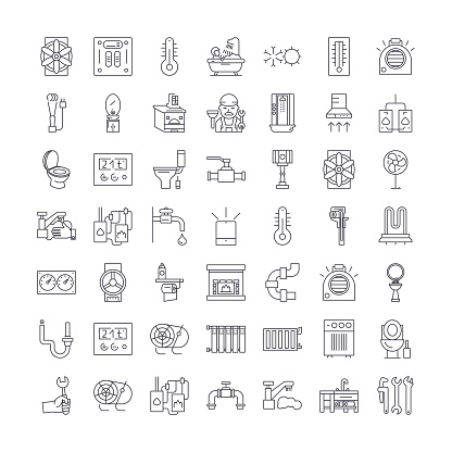 Heating,plumbing,ventilation line icons, signs, symbols vector, linear illustration set