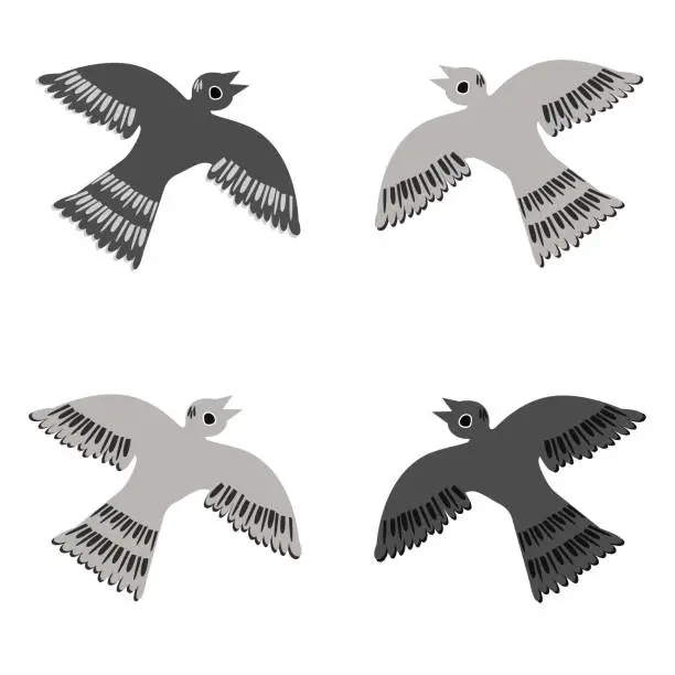 Vector illustration of Set with isolated Monochrome silhouettes Birds dove or pigeon in White, Gray and Black colors in folk style.