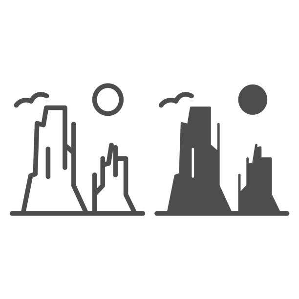 Canyon and sun line and glyph icon. Rock plateau vector illustration isolated on white. Nature landscape outline style design, designed for web and app. Eps 10. Canyon and sun line and glyph icon. Rock plateau vector illustration isolated on white. Nature landscape outline style design, designed for web and app. Eps 10 plateau drawing stock illustrations