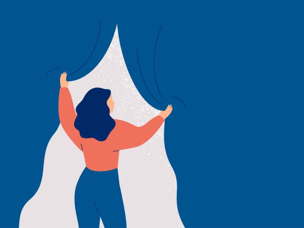 Back view of woman opens the curtain and sees the light. Back view of woman opens the curtain and sees the light. A girl with psychological problems looking for their solution. Mental health, vision concept, future planning. sad woman thinking stock illustrations