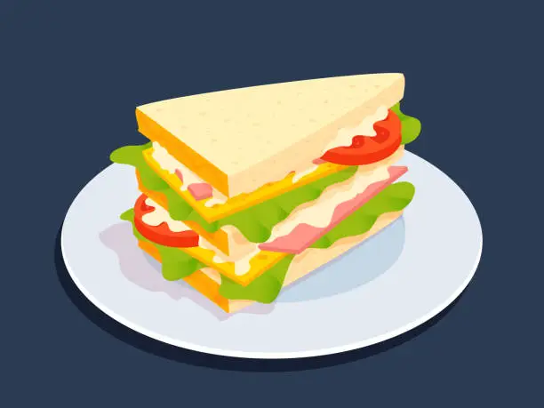 Vector illustration of Club sandwich on a plate. Healthy snack, breakfast.