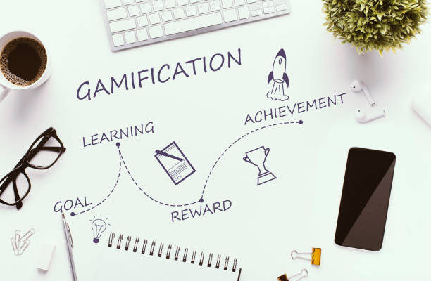 Office table with cellphone, supplies and coffee on white Gamification stages on white workplace - goal, learning, reward and achievement, top view gamepad photos stock pictures, royalty-free photos & images