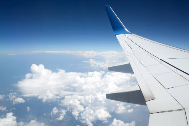 istock The wing of airplane in blue sky. 1192260407