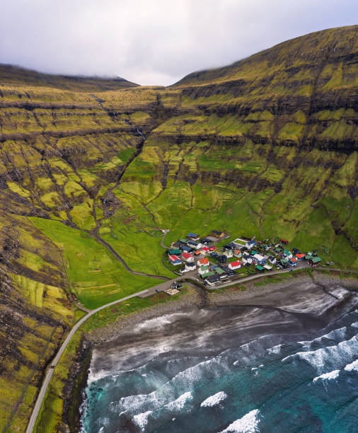 Aerial view of the Tjornuvik village and its beach in the Faroe Islands stock photo
