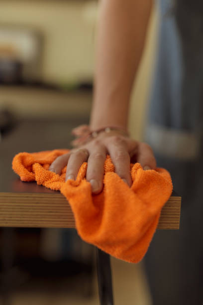 primo passo della mano e panno da pulire - chores wood wet indoors foto e immagini stock