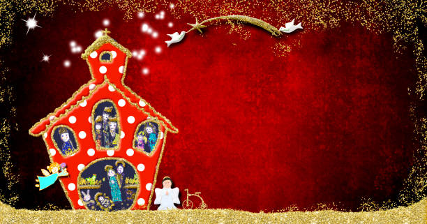 istock Christmas Nativity Scene greeting card. Creche church on a red background with space for message, children's style. 1192262878