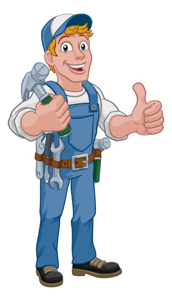 illustrations, cliparts, dessins animés et icônes de handyman hammer cartoon man diy carpenter builder - fist hammer human hand craftsperson
