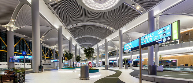 Istanbul, Turkey - 29 November, 2019 : Interior of Istanbul International Airport building. Istanbul Airport started serving international and domestic flights on April 6 2019.