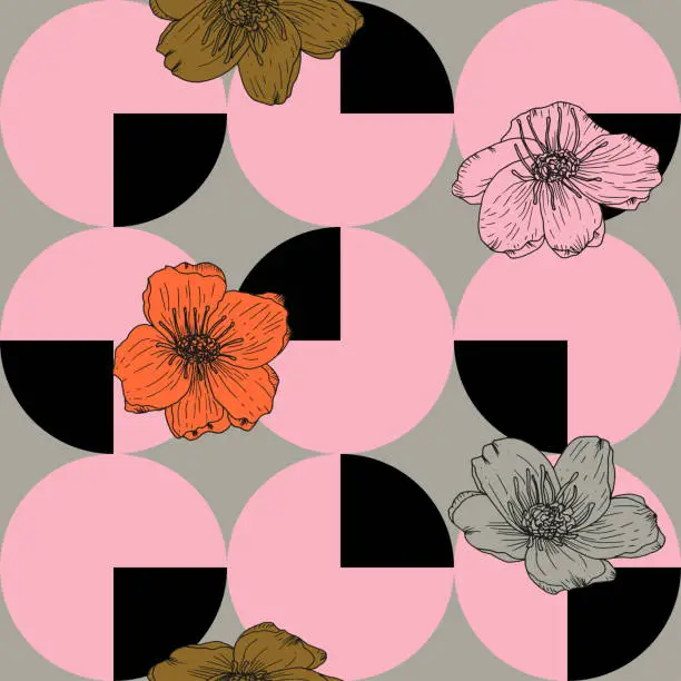 Vector illustration of Stylized anemone or poppies flowers, vector seamless pattern. Hand drawn floral background in retro pastel colores and geometric shapes.