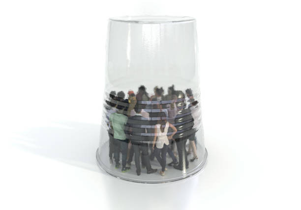 A group of people are covered with a transparent plastic cup. Environmental pollution by toxic waste. Conceptual creative illustration with copy space. 3D rendering. A group of people are covered with a transparent plastic cup. Environmental pollution by toxic waste. Conceptual creative illustration with copy space. 3D rendering self destructive stock pictures, royalty-free photos & images