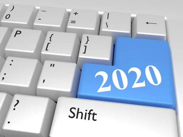 2020 new year over Enter computer key. 3d render
