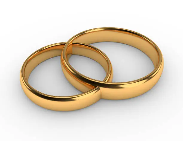Illustration of two connected gold wedding rings. 3d render
