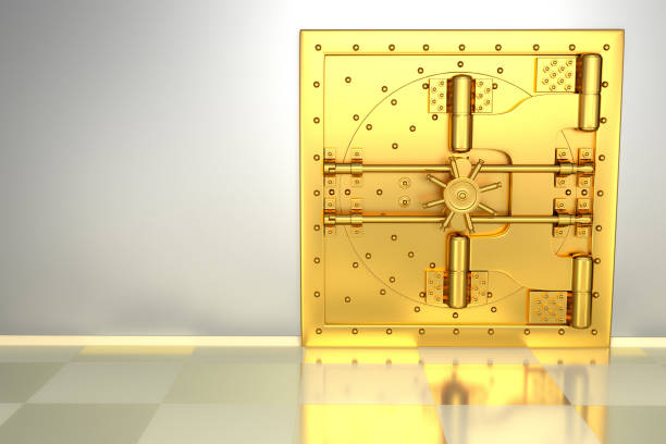 istock Front view of light gold bank vault door, closed. 3D Render 1192270744