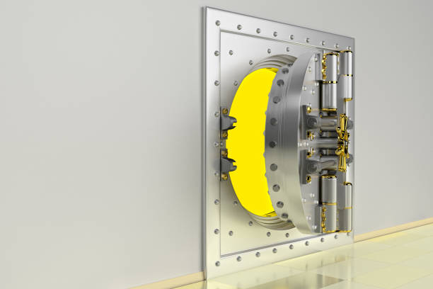 istock Front view of light gold bank vault door, open. 3D Render 1192270748
