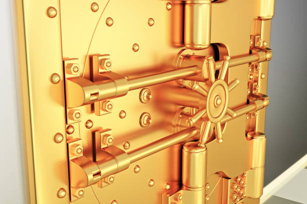 istock Front view of light gold bank vault door, closed. 3D Render 1192270764