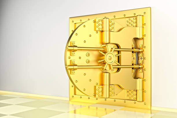 istock Front view of light gold bank vault door, open. 3D Render 1192270773