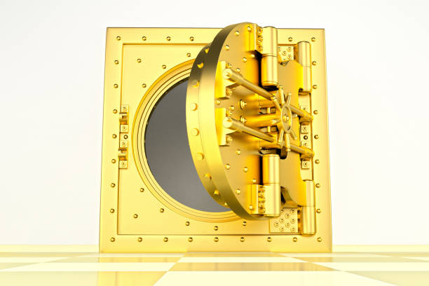 istock Front view of light gold bank vault door, open. 3D Render 1192270778