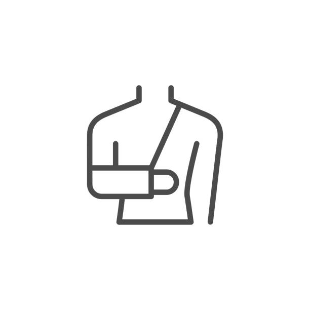 Arm fractures orthopedic cast line outline icon Arm fractures orthopedic cast line outline icon isolated on white. Bandage for shoulder and hand. Fracture assistance. Medicine care at trauma. Vector illustration bandage arm stock illustrations