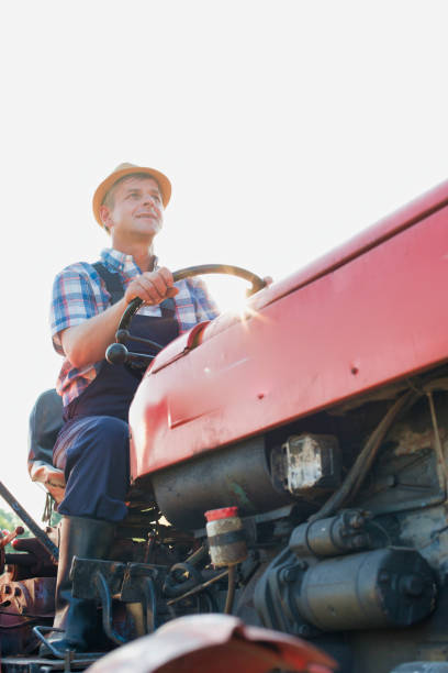 istock Mature farmer driving tractor in field 1192273093
