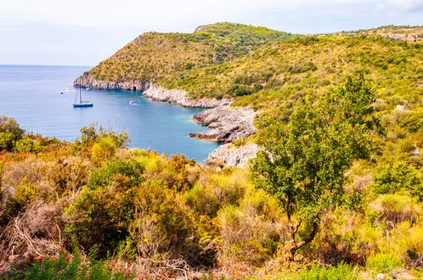Scenic landscape view from the overgrown rocky mountains of Cilento and Vallo di Diano National Park in Campania region in Italy on hidden Cala Bianca beach surrounded by rocks in Tyrrhenian sea
