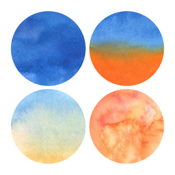 진한 파란색에서 밝은 주황색까지 음영이있는 4 개의 수채화 원 세트 - blob ink drop contrasts stock illustrations