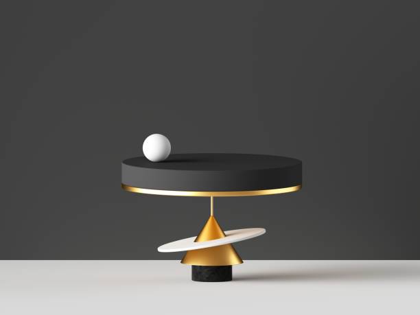 istock 3d render, abstract minimal background. Gold, black white primitive geometric shapes, modern urban concept. Blank pedestal, cylinder podium, commercial showcase stand. Digital design 1192276646