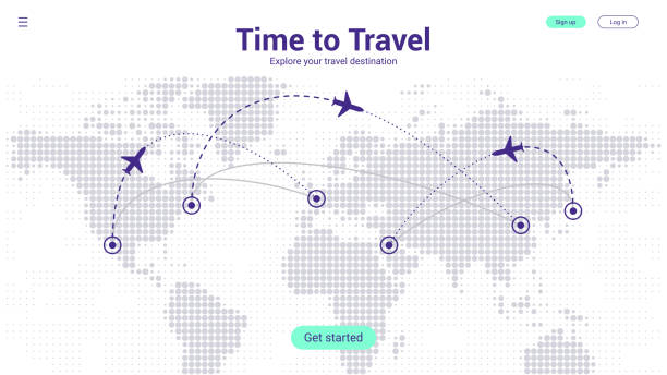 ilustrações de stock, clip art, desenhos animados e ícones de travel landing page concept. world travel map template with airplane and route destination. violet futuristic halftone dots background. eps 10 - direction arrow sign globe planet