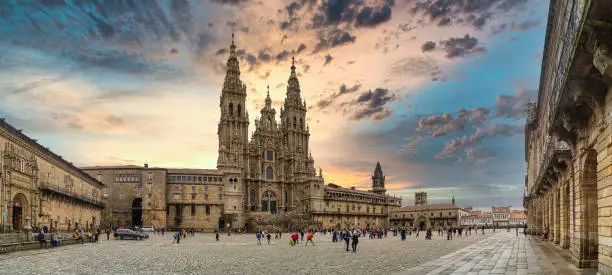 Panoramic view of Praza do Obradoiro and Cathedral, in Santiago de Compostela, Galicia, Spain