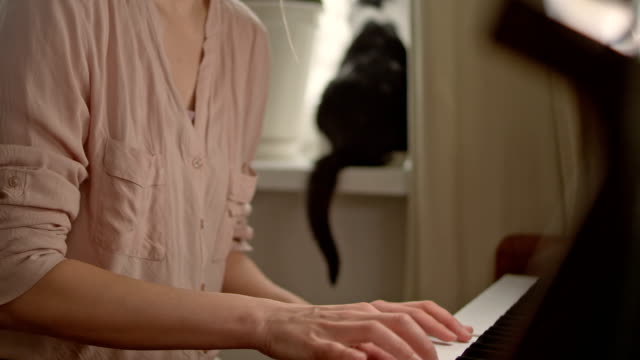 Woman playing classical piano. Cat pet in background.