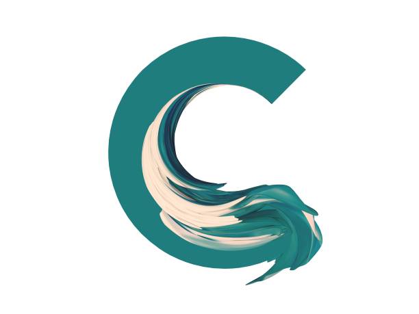 3d rendering of letter C. Swirl shape. Gradient lettering image isolated on white background. Website banner, greeting card, template. Green, aqua menthe tropical feathers decoration.