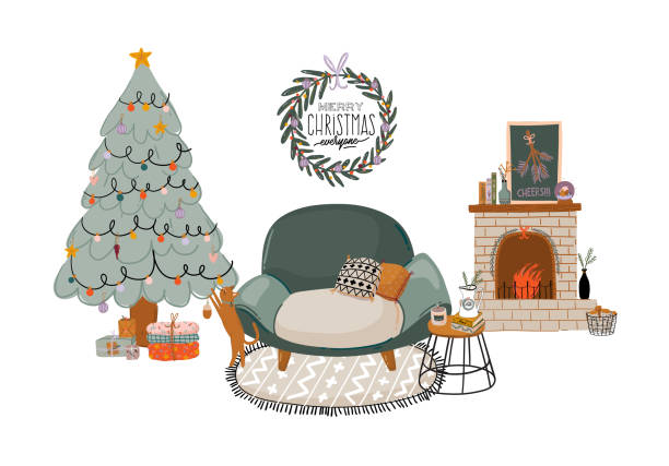 skandynawskie wnętrze z dekoracjami domowymi - wieniec, kot, sofa, drzewo, prezent, kominek, stół. - tree decoration flower carpet stock illustrations