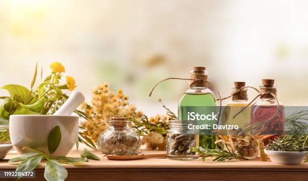Composition Of Natural Alternative Medicine With Capsules Essence And Plants Stock Photo - Download Image Now