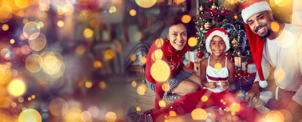 cheerful family and child during christmas. - family american culture african culture black imagens e fotografias de stock