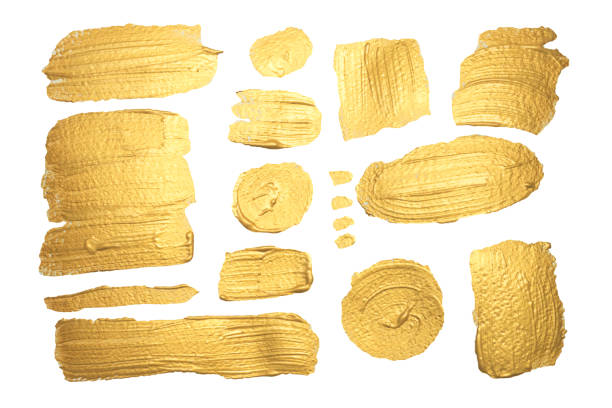 ilustrações de stock, clip art, desenhos animados e ícones de collection of gold paint brush strokes - isolated on white white background isolated paintbrush