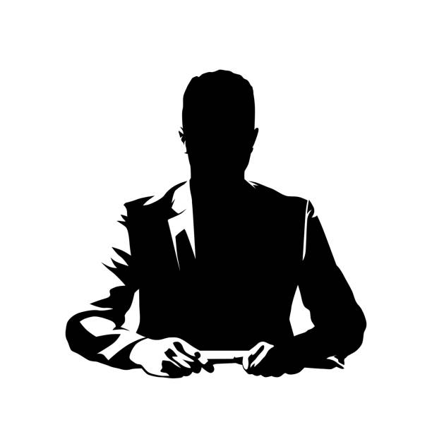 Businessman sitting at desk and talking, ink drawing. Conversation with leader or manager. Isolated vector silhouette Businessman sitting at desk and talking, ink drawing. Conversation with leader or manager. Isolated vector silhouette banking silhouettes stock illustrations