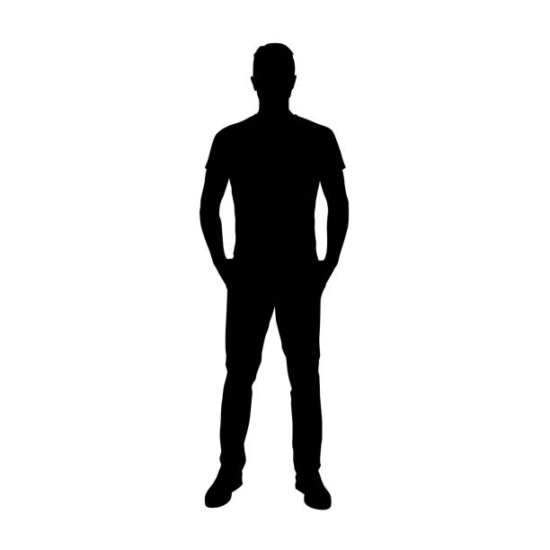mann steht mit denktaschen. erwachsene menschen. isolierte vektorsilhouette - men stock-grafiken, -clipart, -cartoons und -symbole