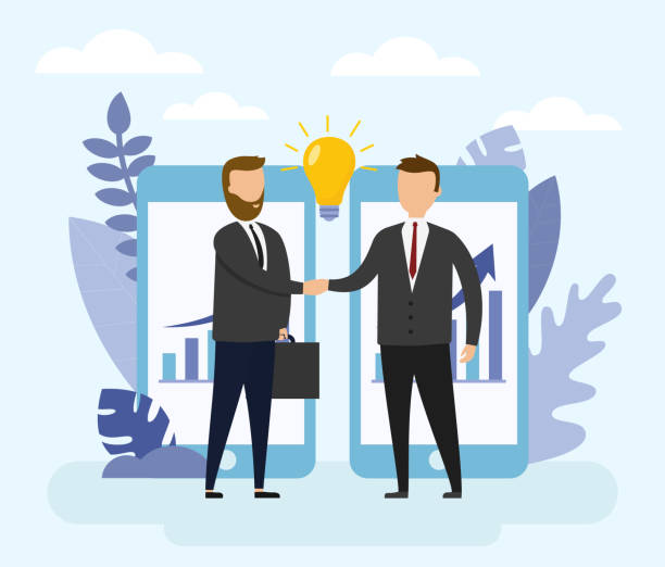 Opening of a new startup, Business Partners Handshaking Through Smartphone Screens. Idea with chart concept. Flat style. Vector illustration. Opening of a new startup, Business Partners Handshaking Through Smartphone Screens. Idea with chart concept. Flat style. Vector illustration. through stock illustrations
