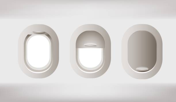 istock Set of vector realistic aircraft windows with curtains in different positions. Mockup for your design. 1192295667