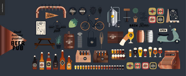 Brewery, craft beer pub - small business graphics - pub elements Brewery, craft beer pub -small business graphics - pub elements -modern flat vector concept illustrations -draught beer tank, tower, casks, brewery components, bar interior, logo, hop, wheat, scooter grain and cereal products stock illustrations