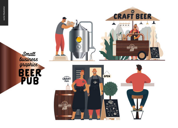 ilustraciones, imágenes clip art, dibujos animados e iconos de stock de cervecería, pub de cerveza artesanal - gráficos para pequeñas empresas - conjunto - handmade umbrella