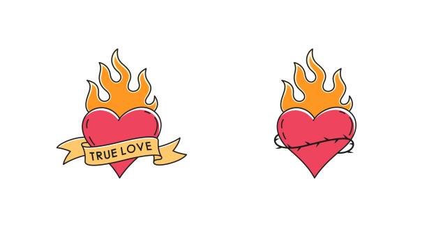 Vector illustration heart on fire with a thorny wreath, ribbon with text on a white background. Set of color illustrations on the theme of love and Valentine's Day. banners tattoos stock illustrations