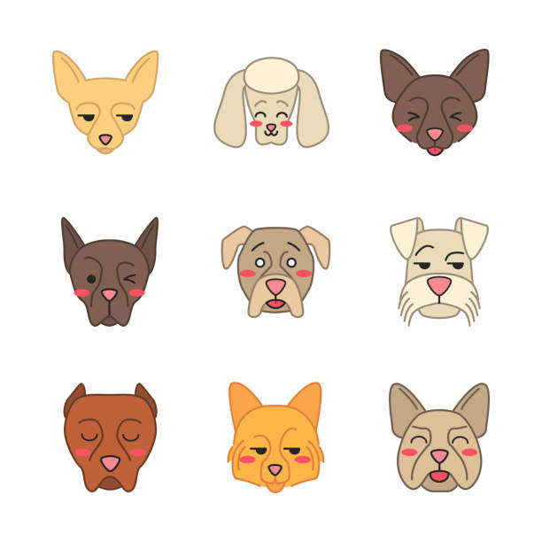 Dogs cute kawaii vector characters Dogs cute kawaii vector characters. Animals with smiling muzzles. Laughing Border Collie and French Bulldog. Winking Doberman. Funny emoji, emoticon set. Isolated cartoon color illustration drawing of the doberman pinscher dogs stock illustrations